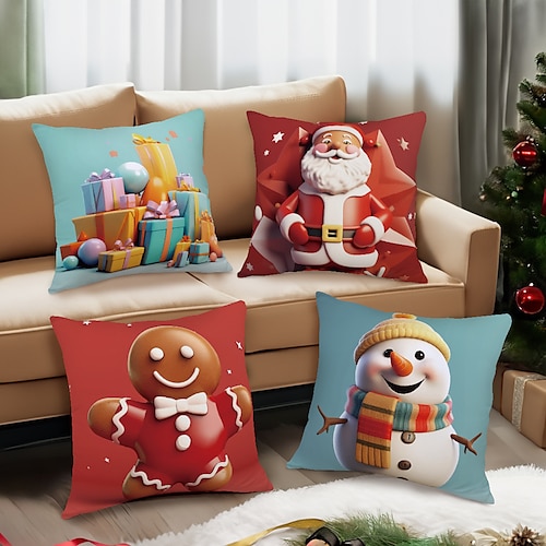 

Weihnachten 3D doppelseitiger Kissenbezug, 4 Stück, Schneemann, Weihnachtsmann, Lebkuchenmann, Geschenk, weich, dekorativ, quadratischer Kissenbezug, Kissenbezug für Schlafzimmer, Wohnzimmer, Sofa,