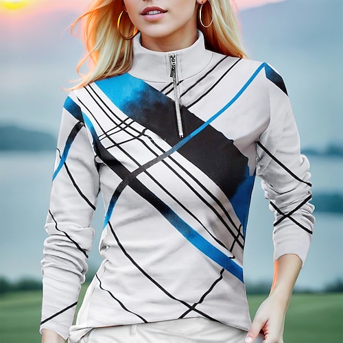 

Damen poloshirt Golfhemd Atmungsaktiv Schnelltrocknend Feuchtigkeitsableitung Langarm Golfbekleidung Golfkleidung Regular Fit Zip Stehkragen Streifen Frühling Herbst Tennis Golfspiel Pickleball