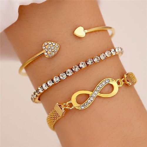 

3pcs/set Cuff Bracelet Layered Sweet Heart Infinity Fashion Personalized Luxury Rhinestone Bracelet Jewelry Gold For Wedding Gift Daily Birthday Mother's Day