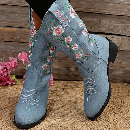 

Mujer Botas Botas cowboy Tallas Grandes Exterior Trabajo Diario Botas a media pierna Bordados Talón de bloque Tacón Cuadrado Dedo Puntiagudo Moda Elegante Clásico Vaquero Mocasín Floral Azul Azul