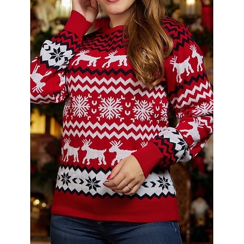 

Women's Ugly Christmas Sweater Pullover Sweater Jumper Jumper Ribbed Knit Regular Patchwork Elk Crew Neck Stylish Casual Outdoor Christmas Fall Winter White Red S M L