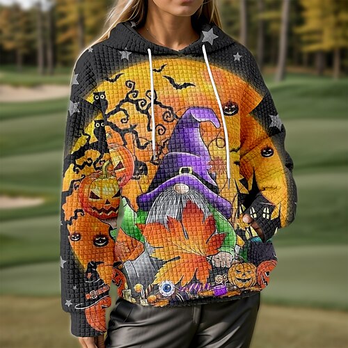 

Women's Golf Hoodie Halloween Golf Sweatshirt Thermal Warm Breathable Moisture Wicking Long Sleeve Golf Outerwear Top Regular Fit Drawstring Hooded Printed Spring Autumn Tennis Golf Pickleball