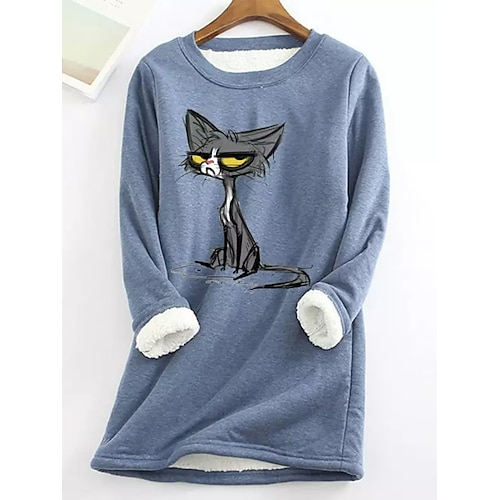 

Women's Sweatshirt Pullover Fleece Fuzzy Teddy Black Yellow Dark Pink Cat Casual Sports Round Neck Long Sleeve Top Micro-elastic Fall Winter