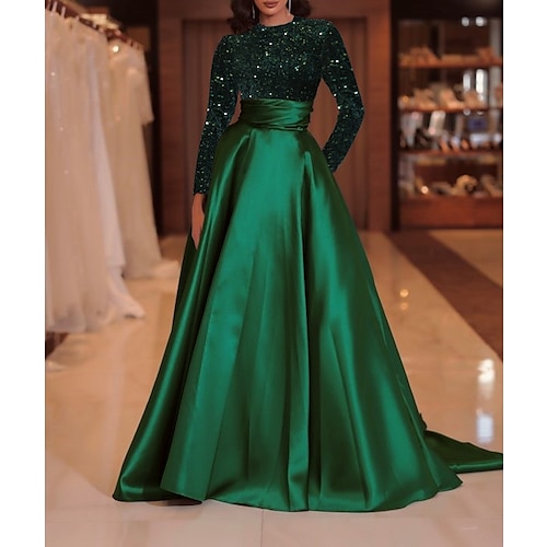 

A-Line Evening Gown Sparkle Christmas Red Green Dress Formal Cocktail Party Court Train Long Sleeve High Neck Fall Wedding Guest Satin with Sequin 2023