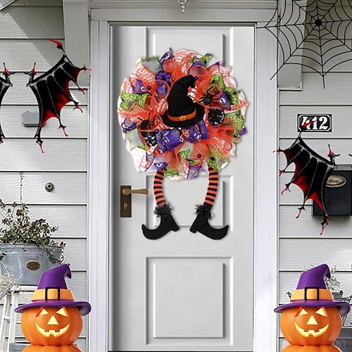 

Halloween Witch Wreaths for Front Door, Lighted Halloween Wreath with Witch Hat Leg Mesh Decor, Halloween Decorations for Home