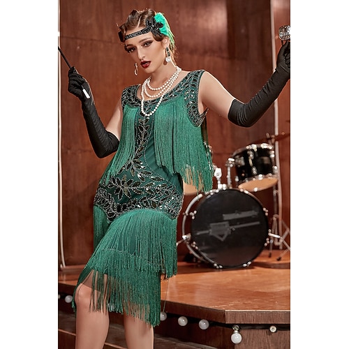 Roaring 20s 1920s Knee Length Dress Flapper Dress Christmas Party Dress  Sleeveless The Great Gatsby Sequins Tassel Fringe Scoop Neck Fancy Dress  Women