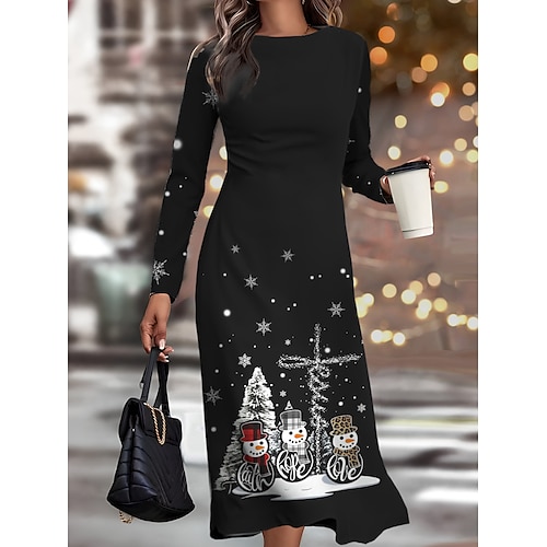 

Vestido de trabajo navideño para mujer, vestido casual, vestido semi formal, vestido de invierno a la moda, vestido midi diario, estampado, cuello redondo, manga larga, muñeco de nieve, árbol de