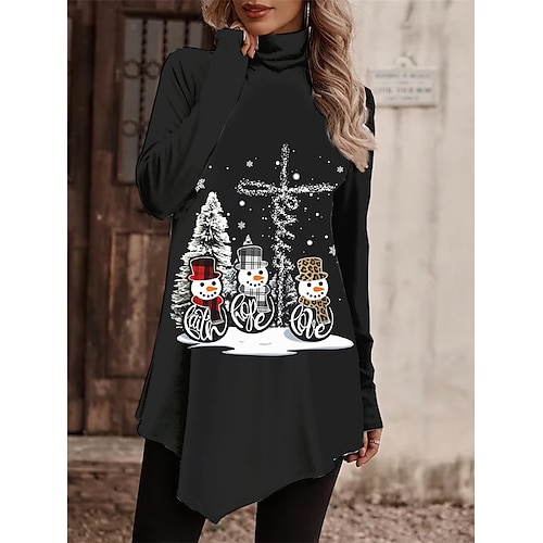 

Mujer Camiseta Camisa de Navidad Negro Muñeco de Nieve Árbol de Navidad Asimétrico Estampado Manga Larga Navidad Fin de semana Festival / Vacaciones Cuello Alto Ajuste regular Pintura Primavera