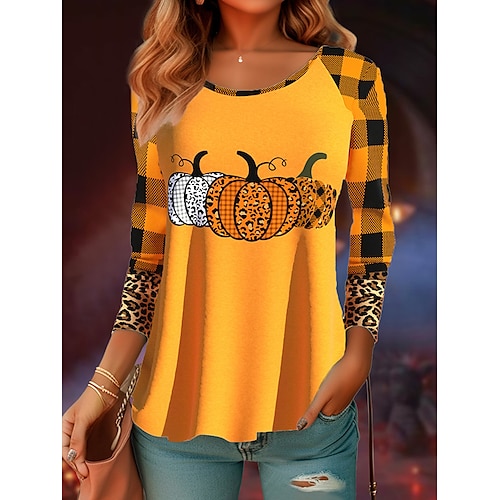 

Damen T Shirt Halloween-Shirt Rosa Blau Purpur Leopard Plaid Kürbis Bedruckt Langarm Halloween Wochenende Basic Rundhalsausschnitt Regular Fit Farbe Herbst Winter