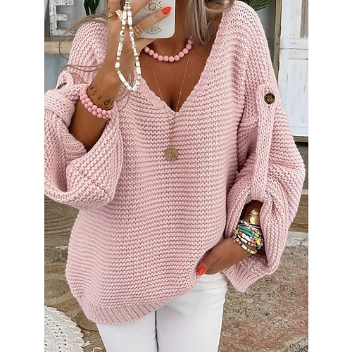 

Women's Pullover Sweater Jumper V Neck Crochet Knit Button Oversized Fall Winter Daily Going out Stylish Soft Long Sleeve Pure Color Pink Light Blue