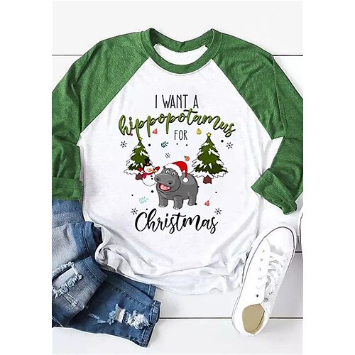 

Women's T shirt Tee Christmas Shirt Green Animal Christmas Tree Print Long Sleeve Christmas Weekend Festival / Holiday Christmas V Neck Regular Fit Painting Spring Fall