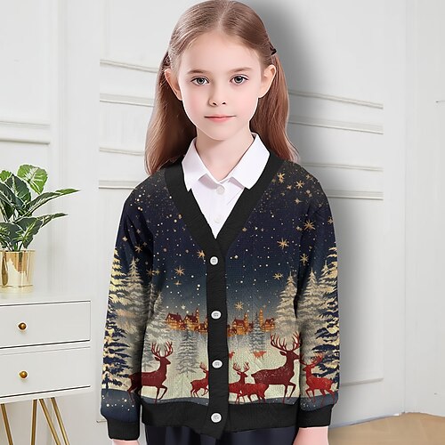 Christmas Girls' 3D Elk Sweater & Cardigan Long Sleeve 3D Print