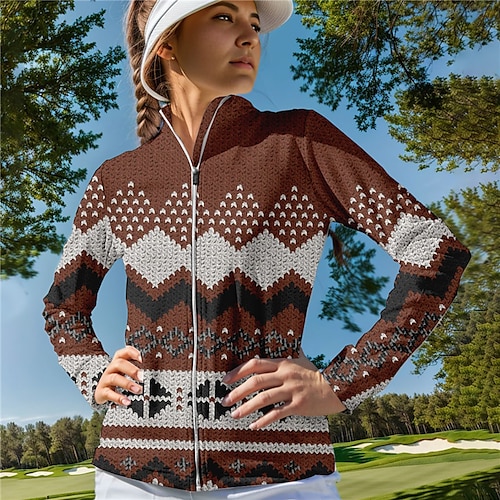 

Veste de golf pour femme Noël thermique chaud respirant évacuant l'humidité à manches longues vêtements d'extérieur de golf haut coupe régulière fermeture éclair imprimé printemps automne tennis golf