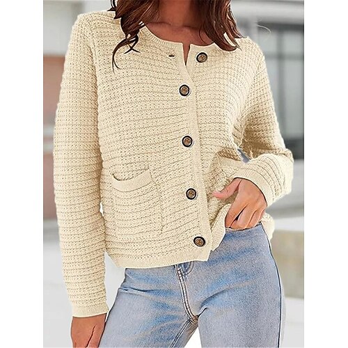 

Mulheres Sueter Cardigan Saltador Estriado Tricotar Curto Botão Bolsos Côr Sólida Abertura Frontal à moda Casual Diário Para Noite Outono Inverno Preto Rosa S M L