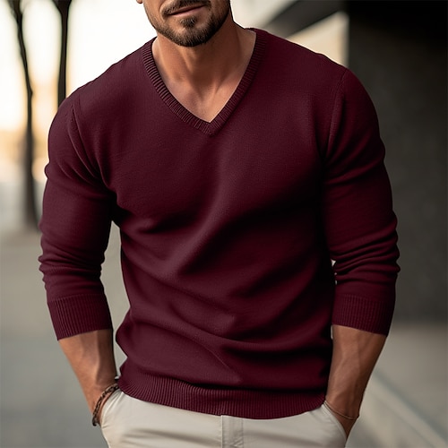 

Men's Wool Sweater Pullover Sweater Jumper Ribbed Knit Regular Knitted Slim Fit Plain V Neck Modern Contemporary Xmas Work Clothing Apparel Winter Black Red S M L