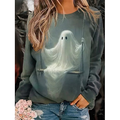 Mulheres Moletom Moletom de Halloween Estacionar Gráfico Esportes Roupa de rua Festa Cinzento dia das Bruxas Casual Decote Redondo Manga Longa Top Micro-Elástica Outono & inverno