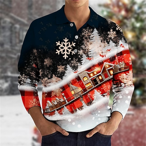 

Plaid Snowflake Men's Vintage Print 3D Golf Polo Outdoor Casual Daily Streetwear Christmas Polyester Long Sleeve Turndown Polo Shirts Wine Red Fall & Winter S M L Micro-elastic Lapel Polo