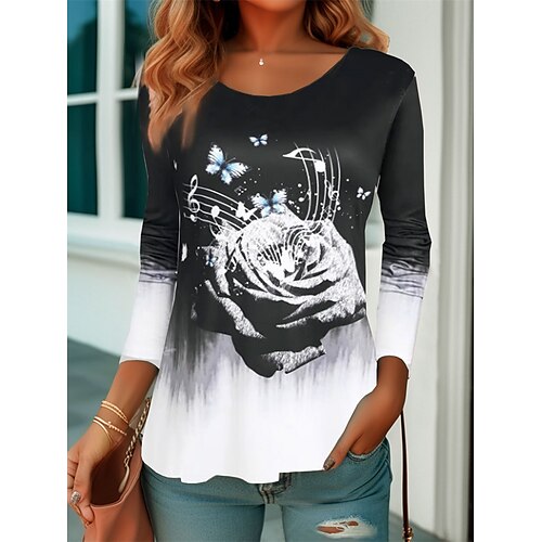 

Femme T shirt Tee Noir Rose Imprimer manche longue Vacances Fin de semaine Mode Col Rond Standard Fleur Peinture Printemps Automne