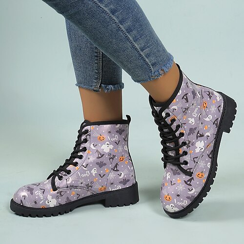 

Mujer Botas Zapatos estampados Tallas Grandes Botas de trabajo Exterior Víspera de Todos los Santos Diario Invierno Tacón Plano Dedo redondo Vintage Estilo industrial PU Cordones Negro / blanco Negro