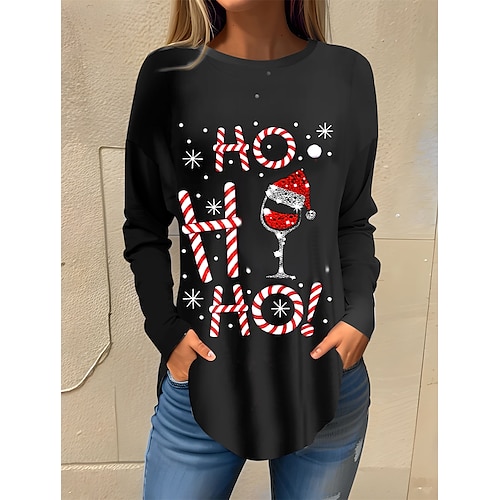 

Women's T shirt Tee Christmas Shirt Black Red Wine Glass Rhinestone Print Long Sleeve Party Christmas Weekend Fashion Christmas Round Neck Regular Fit Painting Spring Fall