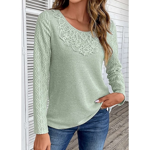 

Mujer Camiseta Verde Trébol Plano Encaje Manga Larga Diario Fin de semana Moda Escote Redondo Ajuste regular Primavera Otoño