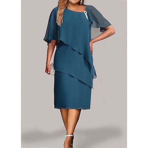 

Women's Plus Size Curve Party Dress Cocktail Dress Chiffon Dress Plain Midi Dress Half Sleeve Ruffle Layered V Neck Fashion Party Black Wine Fall Winter L XL XXL 3XL 4XL