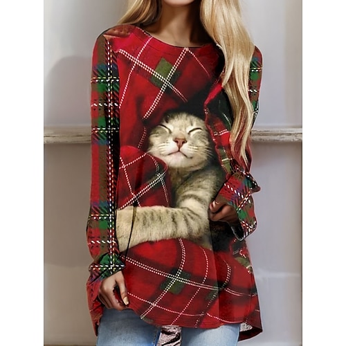 

Mujer Camiseta Rojo Plaid Gato Estampado Manga Larga Diario Fin de semana Moda Escote Redondo Ajuste regular Gato 3D Pintura Primavera Otoño