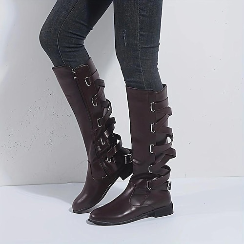 

Mulheres Botas Botas de Moto Tamanhos Grandes Ao ar livre Diário Botas Longas Botas da panturrilha Inverno Presilha Sem Salto Ponta Redonda Vintage Clássico Casual Couro Ecológico zíper Côr Sólida