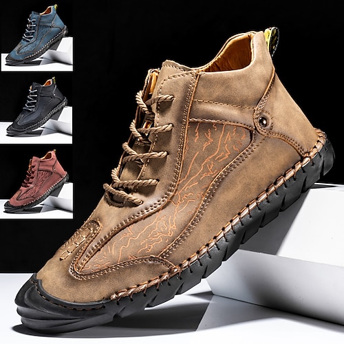 

Hombre Botas Costura a mano Vintage Casual Exterior Diario Zapatos de Paseo Cuero Templado Altura Incrementando Cómodo Negro Rojo Azul Otoño Invierno