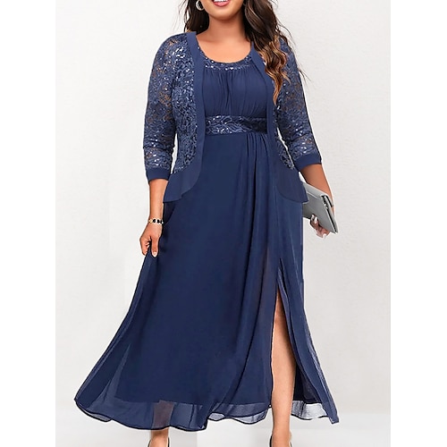 

Grande Taille Courbe robe soirée Robe dentelle Robe Ensemble Femme robe longue Plein Manches 3/4 Dentelle Patchwork Col Ras du Cou Mode Soirée bleu marine Automne Hiver L XL XXL 3XL 4XL