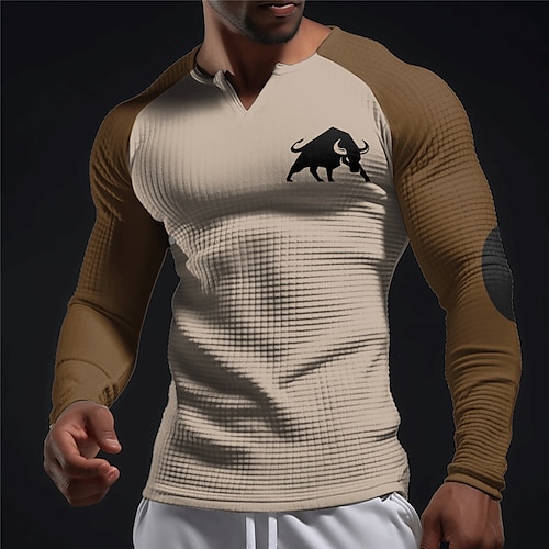 

Graphic Color Block Cow Daily Classic Casual Men's 3D Print T shirt Tee Waffle Shirt Raglan T Shirt Sports Outdoor Holiday Going out T shirt Black White Brown Long Sleeve V Neck Shirt Spring & Fall