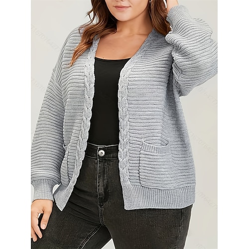 

Feminino plus size cardigan suéter jumper cabo malha bolso regular cor sólida frente aberta elegante casual ao ar livre diário outono inverno cinza xl 2xl 3xl