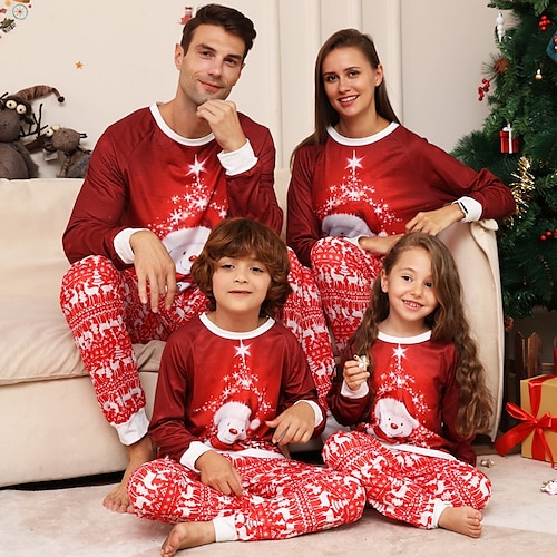 

Famille Noël Pyjamas Graphic Ecole Imprimer Rouge manche longue Tenues maman et moi Actif Tenues assorties
