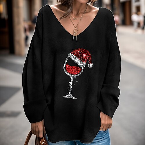 

Damen Zur Seite fahren Weihnachts -Sweatshirt Festival Schwarz Blau Grün Graphic Party Weihnachten V Ausschnitt Langarm Oberteil Mikro-elastisch Herbst Winter