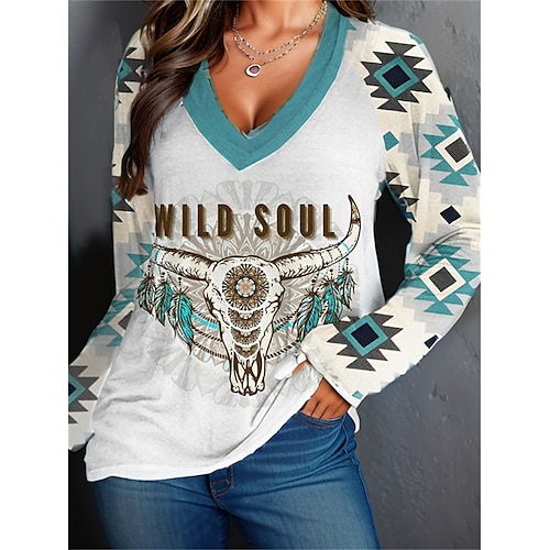 

Femme T shirt Tee Blanche Tribal Imprimer manche longue du quotidien Fin de semaine Ethnique Col V Standard Géométrique Peinture Printemps Automne