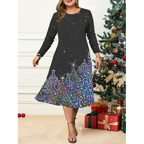 

Damen-Weihnachtskleid in Übergröße, Curve, Freizeitkleid, Skaterkleid, A-Linien-Kleid, Weihnachtsbaum, Schneeflocke, Midikleid, langärmelig, bedruckt, Rundhalsausschnitt, Mode, Outdoor, Schwarz,