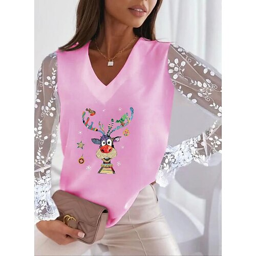 

Women's T shirt Tee Christmas Shirt Mesh Graphic Flare Cuff Sleeve White Pink Patchwork Lace Trims Long Sleeve Christmas Casual Weekend Christmas V Neck Regular Fit