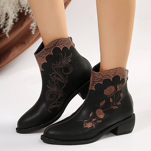 

Mujer Botas Botas cowboy Zapatos estampados Tallas Grandes Exterior Trabajo Diario Botines Botines Invierno Bordados Flor Tacón Cuadrado Dedo Puntiagudo Vintage PU Cremallera Bordado Negro Blanco