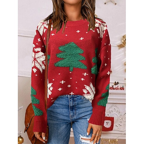 

Pull de Noël moche Pull Maille Femme A côtes Tricoter Normal Patchwork Arbre de Noël Col Ras du Cou mode Décontractées Extérieur Noël manche longue Automne Hiver Rouge bleu marine S M L