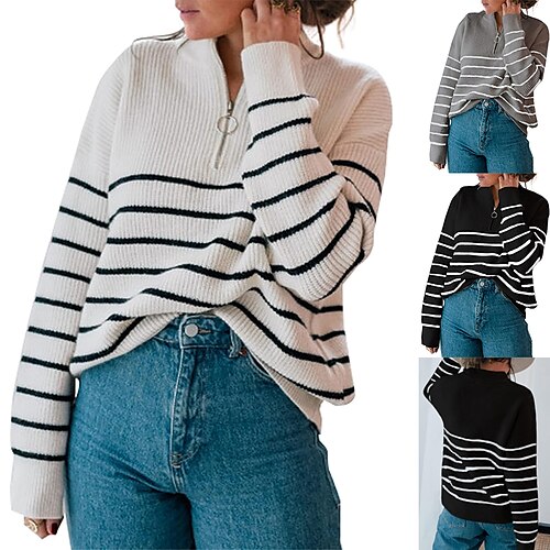 

Women's Cardigan Sweater Jumper Ribbed Knit Long Zipper Color Block Deep V Stylish Elegant Daily Lantern Sleeve Winter Black White S M L