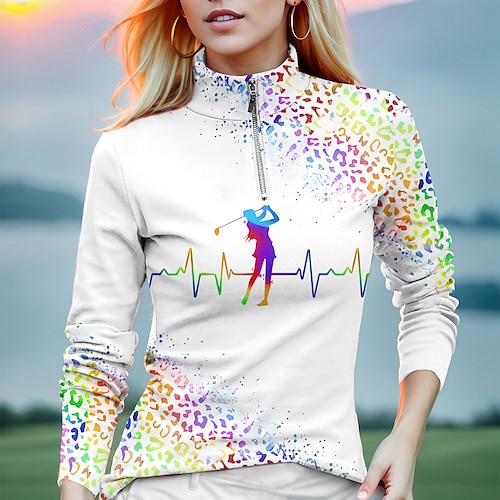 

Women's Polo Shirt Golf Shirt Breathable Quick Dry Moisture Wicking Long Sleeve Golf Apparel Golf Clothes Regular Fit Zipper Stand Collar Leopard Spring Autumn Tennis Golf Pickleball