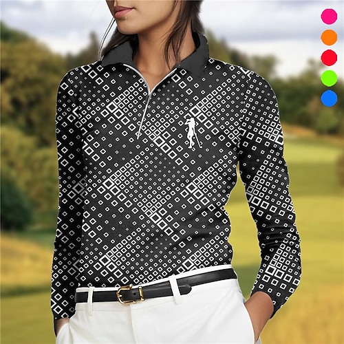 

Mulheres Camisa polo de caminhada Camisa de golfe Respirável Secagem Rápida Pavio Humido Manga Longa Vestuário de golfe Roupas de golfe Normal Zíper Colarinho Alto Estampado Primavera Outono Tênis