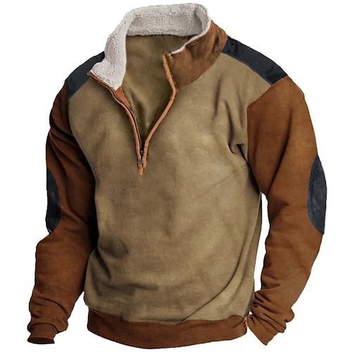 

Men's Sweatshirt Zip Sweatshirt Brown Half Zip Color Block Patchwork Sports Outdoor Daily Holiday Vintage Casual Thin fleece Fall Winter Clothing Apparel Hoodies Sweatshirts