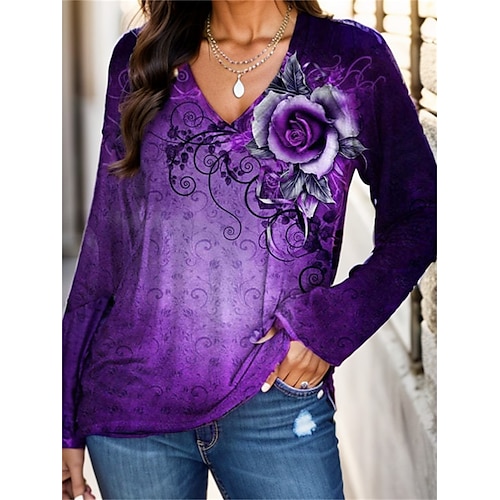 

Mujer Camiseta Morado Rosa Estampado Manga Larga Diario Fin de semana Moda Escote en Pico Ajuste regular Flor Pintura Primavera Otoño