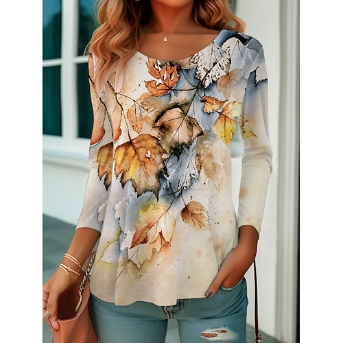 

Mujer Camiseta Amarillo Hoja Estampado Manga Larga Diario Fin de semana Moda Escote Redondo Ajuste regular Flor Pintura Primavera Otoño