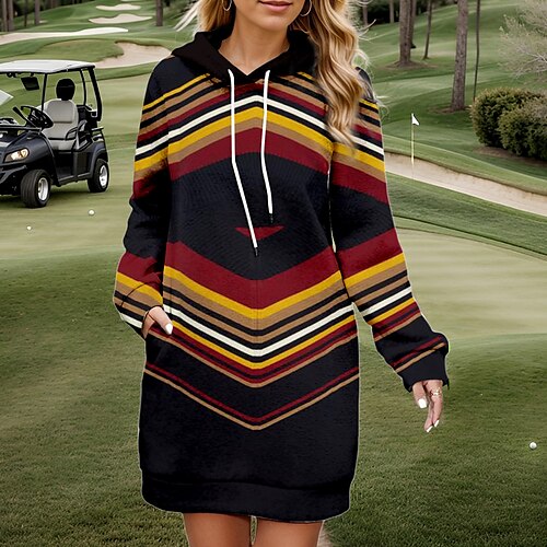 

Women's Golf Dress Hoodie Dress Thermal Warm Breathable Moisture Wicking Long Sleeve Golf Outerwear Top Drawstring Side Pockets Stripe Spring Autumn / Fall Tennis Golf Pickleball