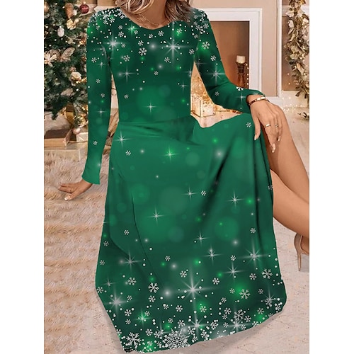 

Damen Arbeitskleidung Casual kleid Schaukelkleid Modisch winterkleider damen Weihnachten Täglich Midikleid Bedruckt Rundhalsausschnitt Langarm Schneeflocke Farbverlauf Regular Fit Wein Marineblau Blau