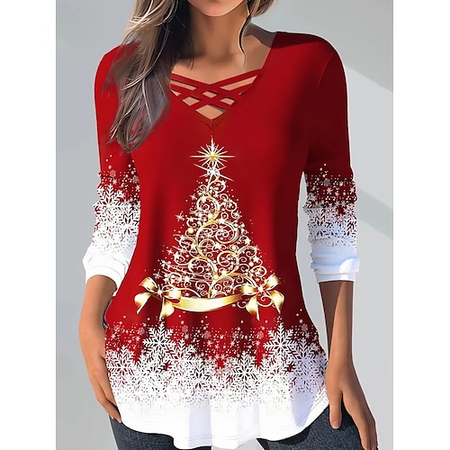 

Damen T Shirt Weihnachts-Shirt Rote Weihnachtsbaum Schneeflocke Bedruckt Langarm Weihnachten Wochenende Fest / Feiertage Druck Weihnachten V Ausschnitt Regular Fit Farbe Frühling Herbst