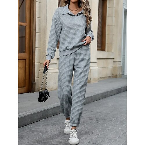 

Mujer Sudadera Chándal Conjuntos de pantalones Gris Color sólido Manga Larga Exterior Casual Deportes Cuello Camisero Ajuste regular Otoño invierno