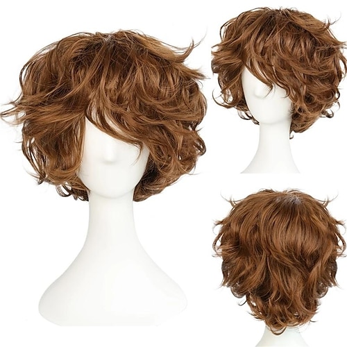 

Perruque Synthétique Bouclé Coupe Droite Perruque Court Marron Cheveux Synthétiques Homme Doux Naturel Mode Marron